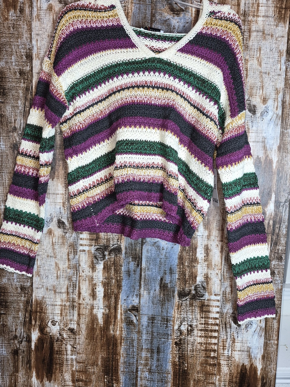 Striped V-Neck Knit Sweater in Purple, Green & Cream